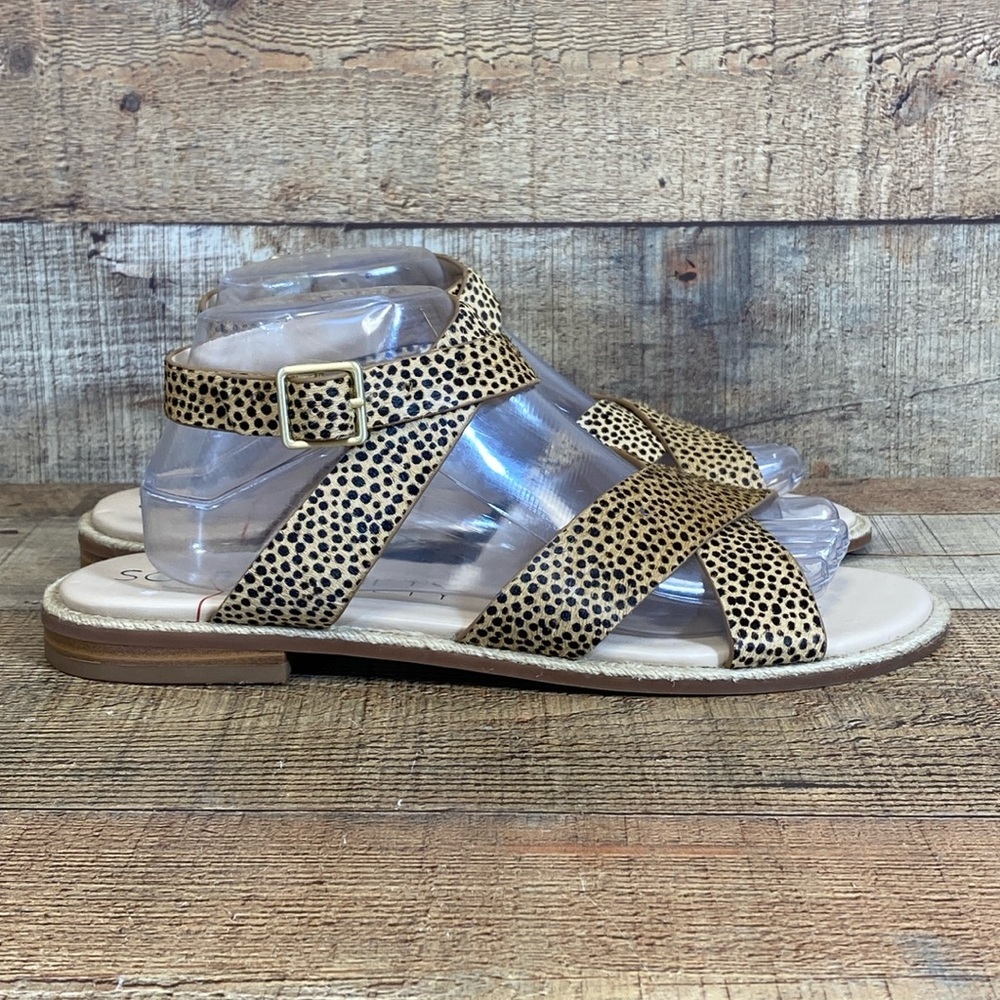 Sole Society Saden Strappy Sandals Women Size 10M Tan Black Cheetah Print Buckle